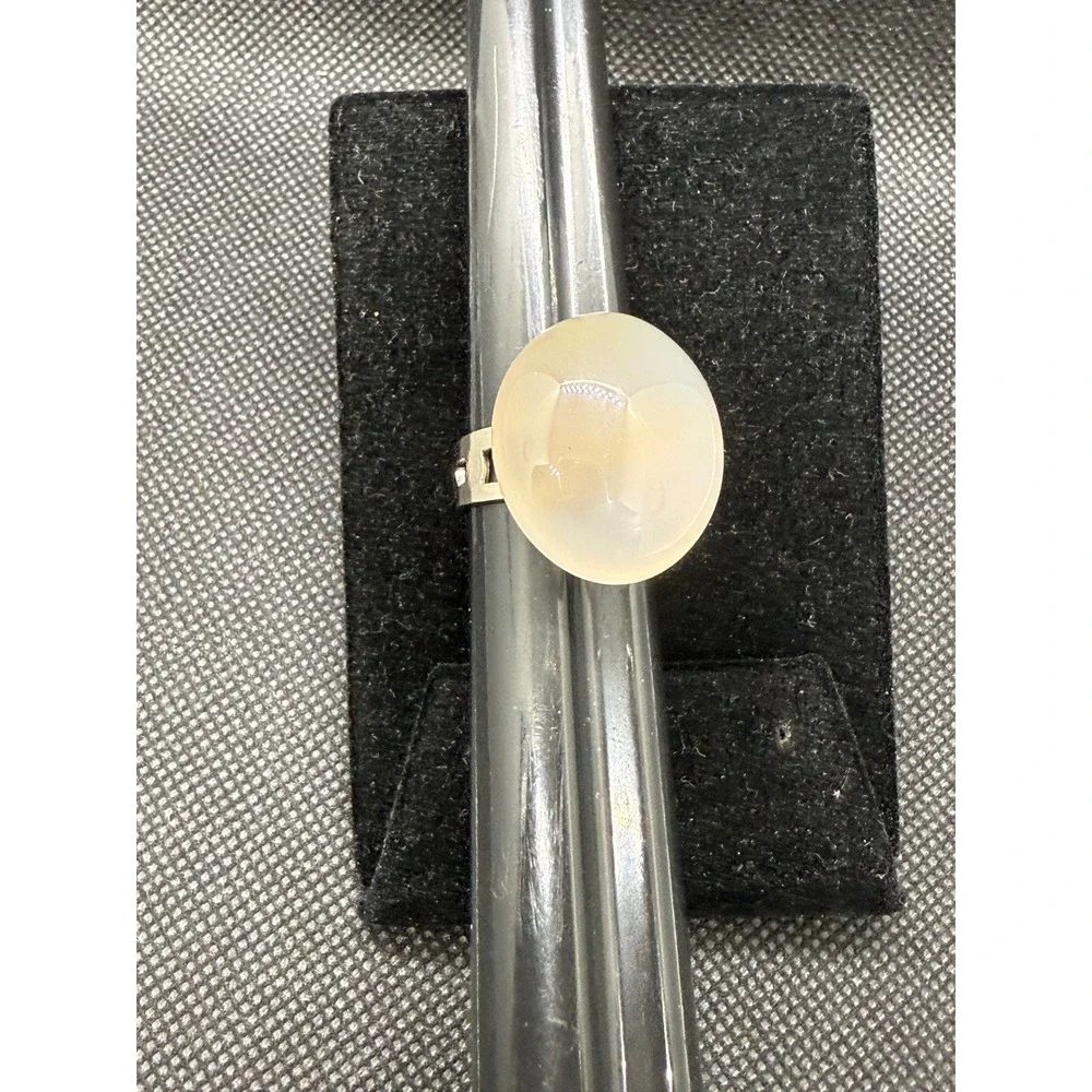 Vintage White Oval Stone cabochon Statement Ring Silver Tone Adjustable Boho